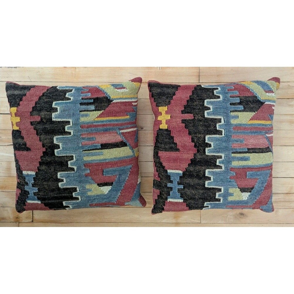 Vintage Pair Pottery Barn Kilim Pillows 18x18" Wool Cotton 2013 Tribal Bohemian - Picture 3 of 12